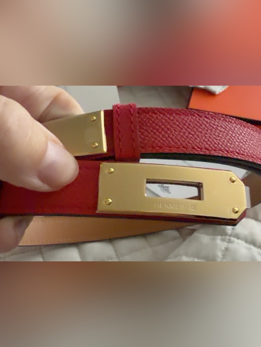 Hermes Red Leather Belt with Gold Plate Hardware